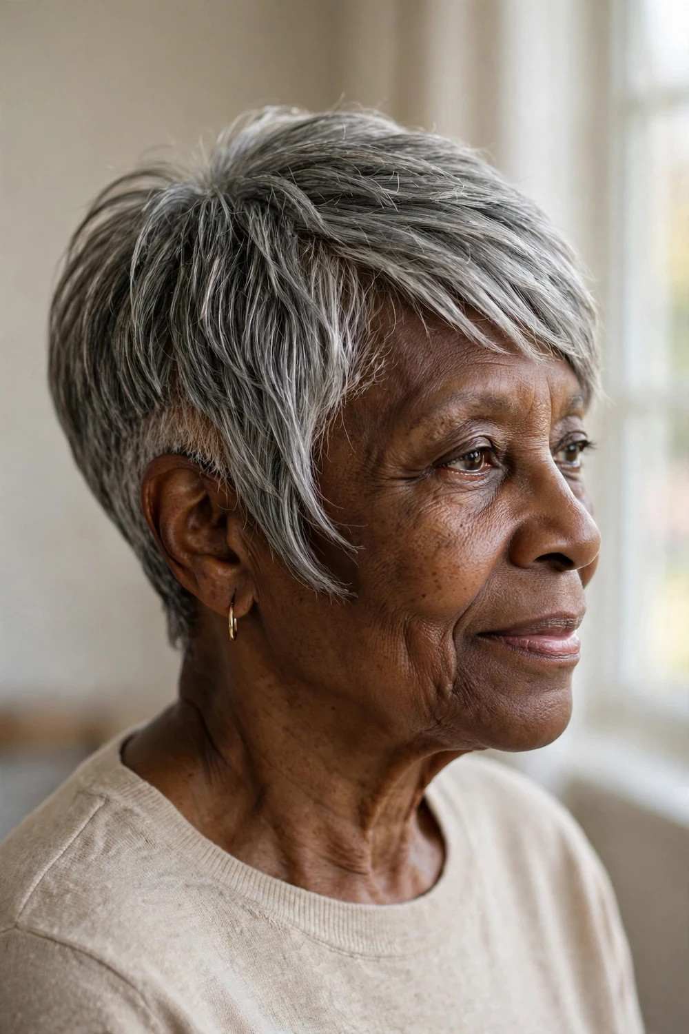 Woman over 50 with short crop asymmetrical pixie, minimal length with subtle side difference