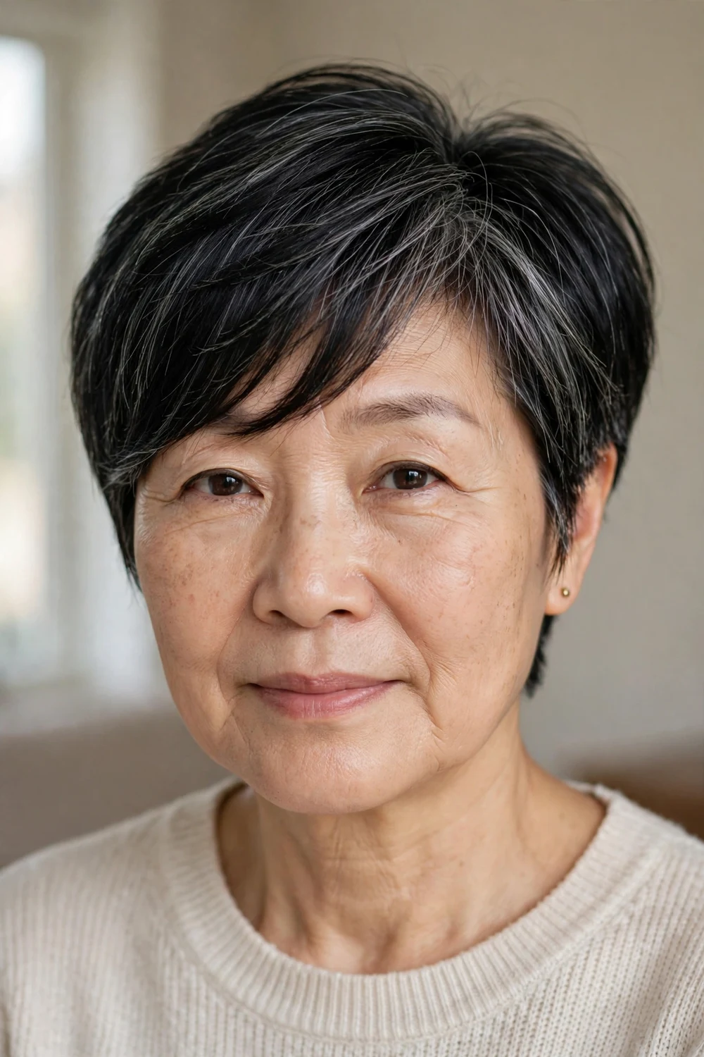 Older woman with asymmetrical pixie and soft side-swept fringe framing the face