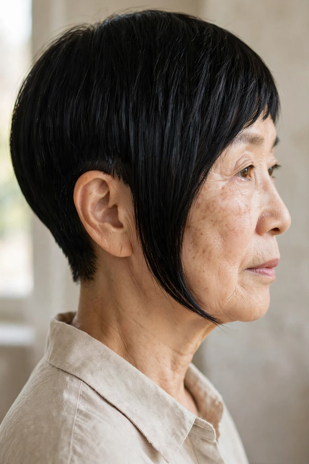 Woman in her 50s with sleek smooth asymmetrical pixie, polished straight finish