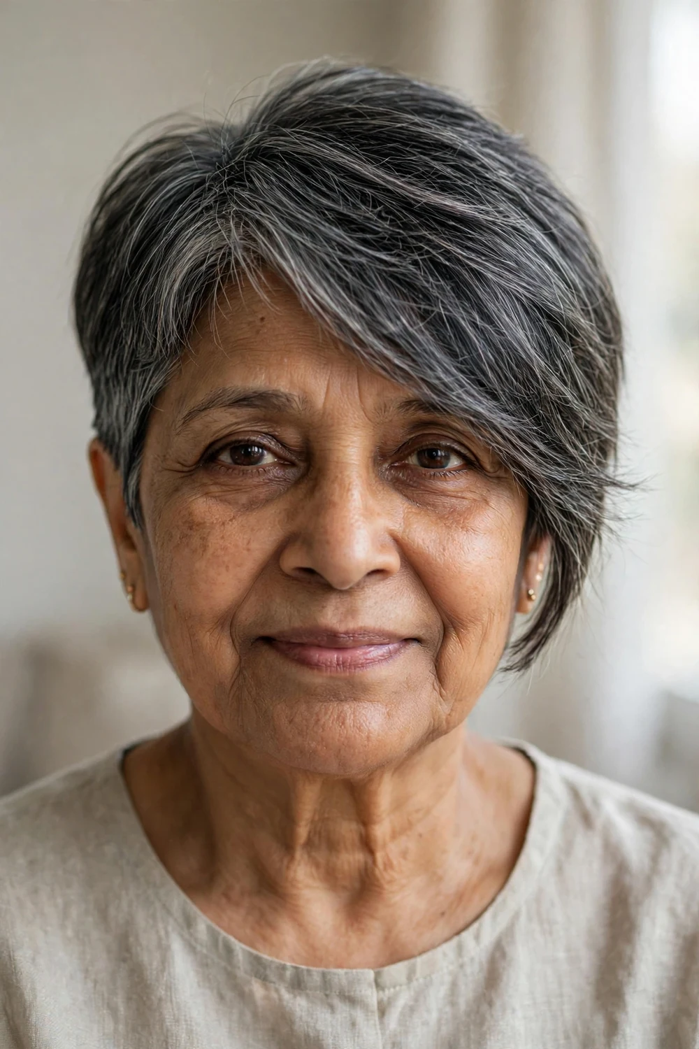 Mature woman with asymmetrical pixie and soft wispy fringe blending into longer side