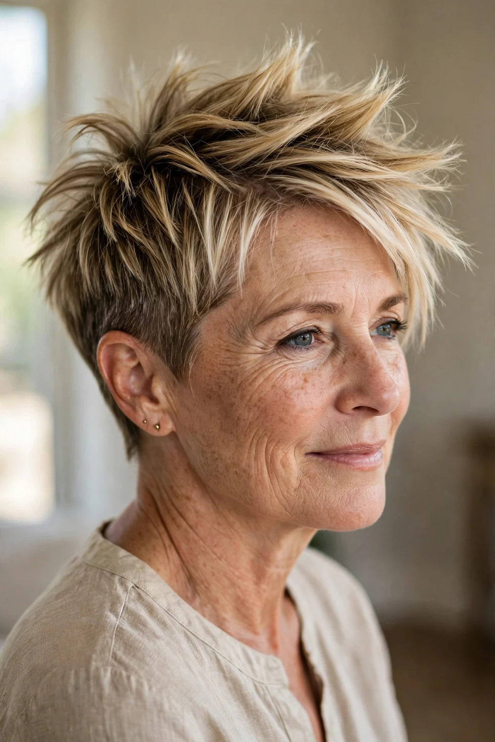 Mature woman with spiky layered asymmetrical pixie, textured upright pieces on longer side