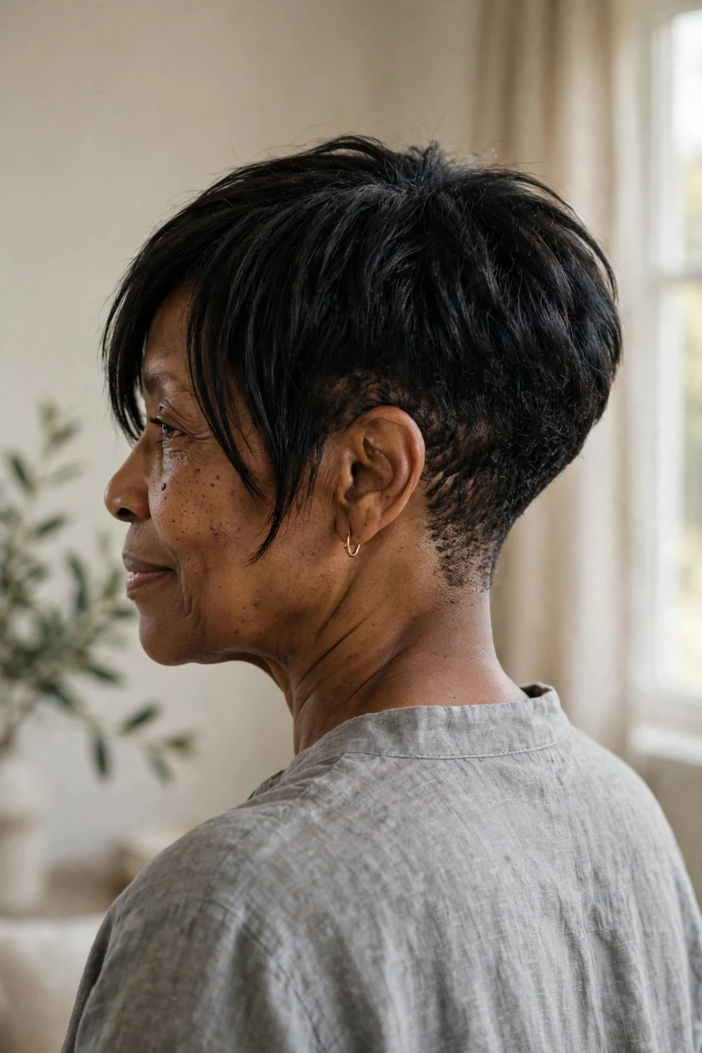 Back view of tapered asymmetrical pixie on woman over 50, graduated nape with longer front