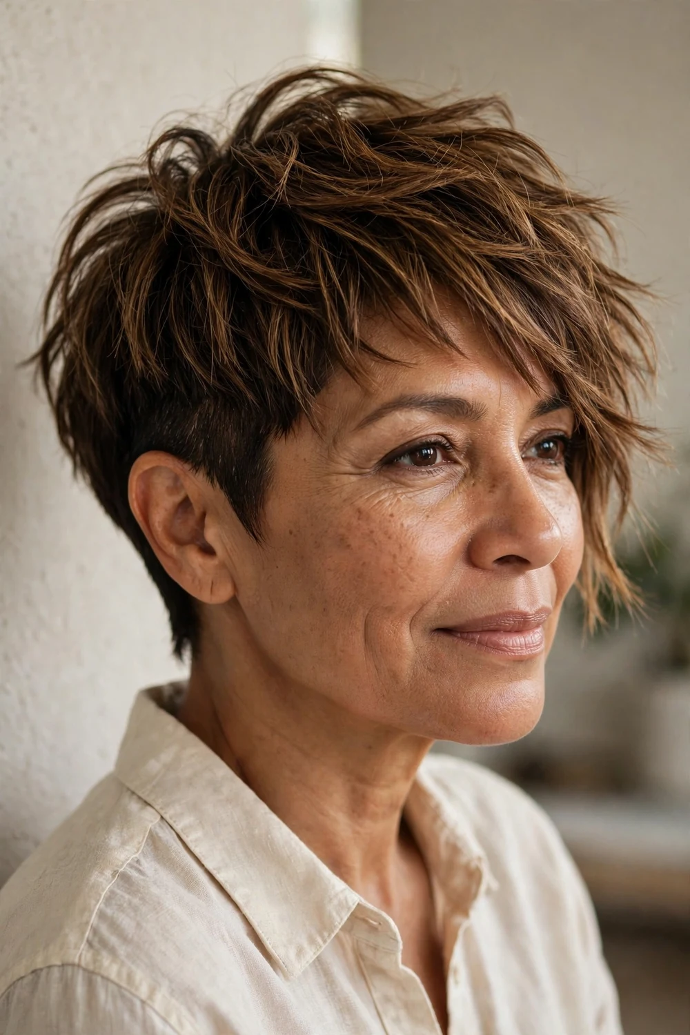 Woman in her 50s with choppy textured asymmetrical pixie, piecey layers on longer side