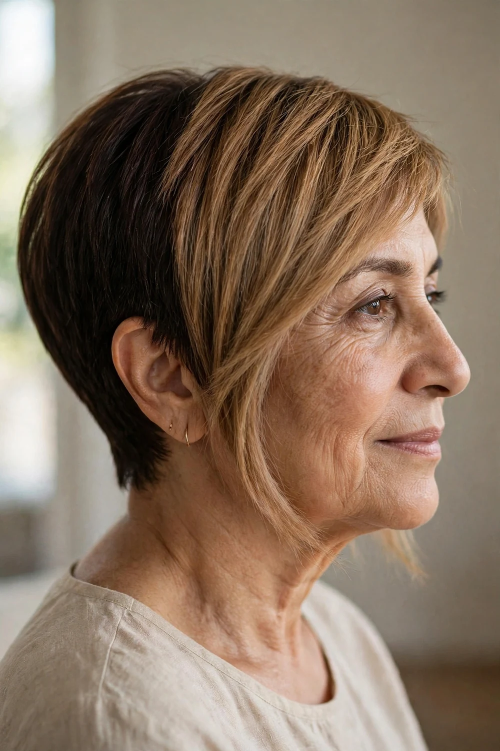 Mature woman with two-tone asymmetrical pixie, dark short side with light longer side