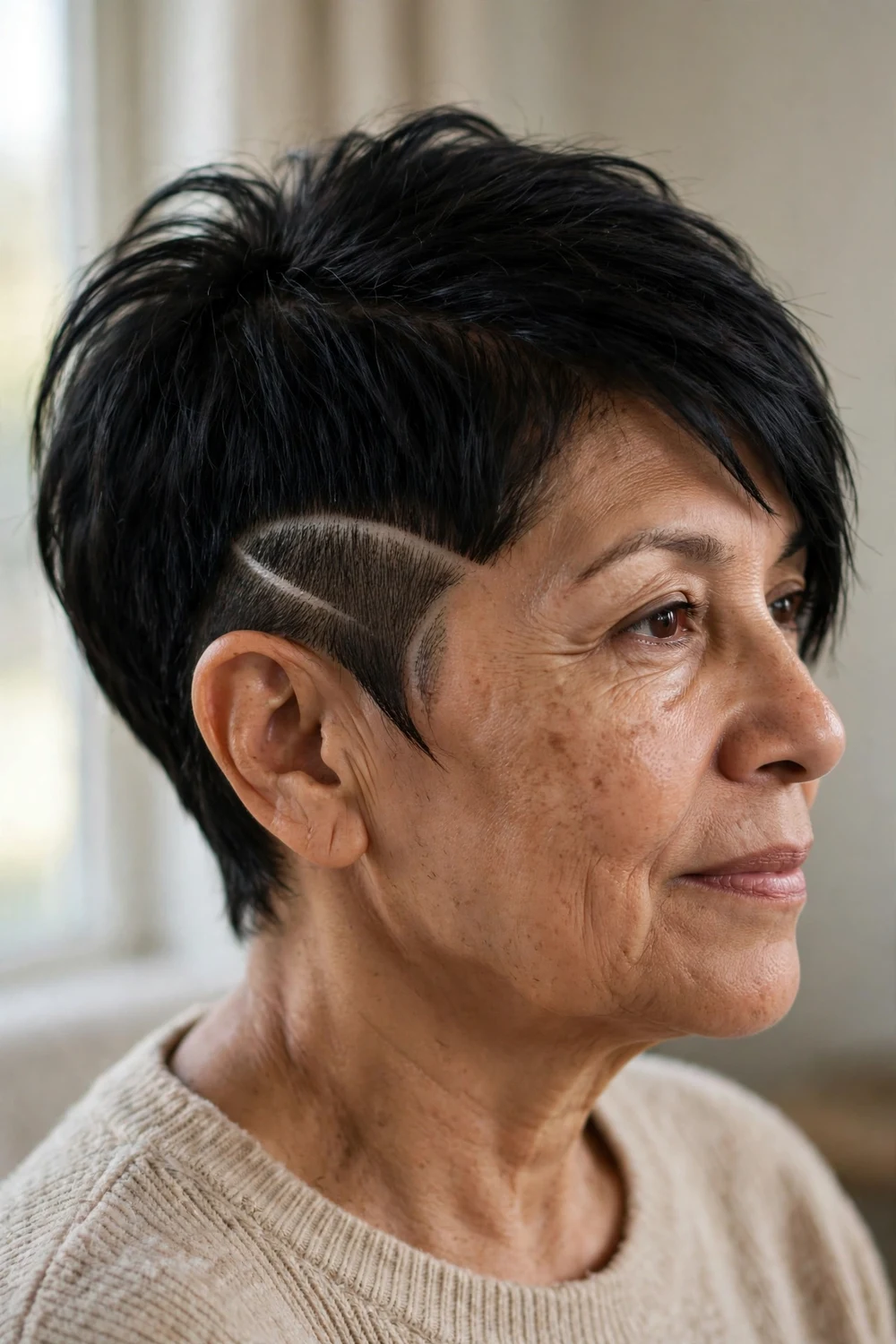 Older woman with asymmetrical pixie featuring shaved line design in undercut side