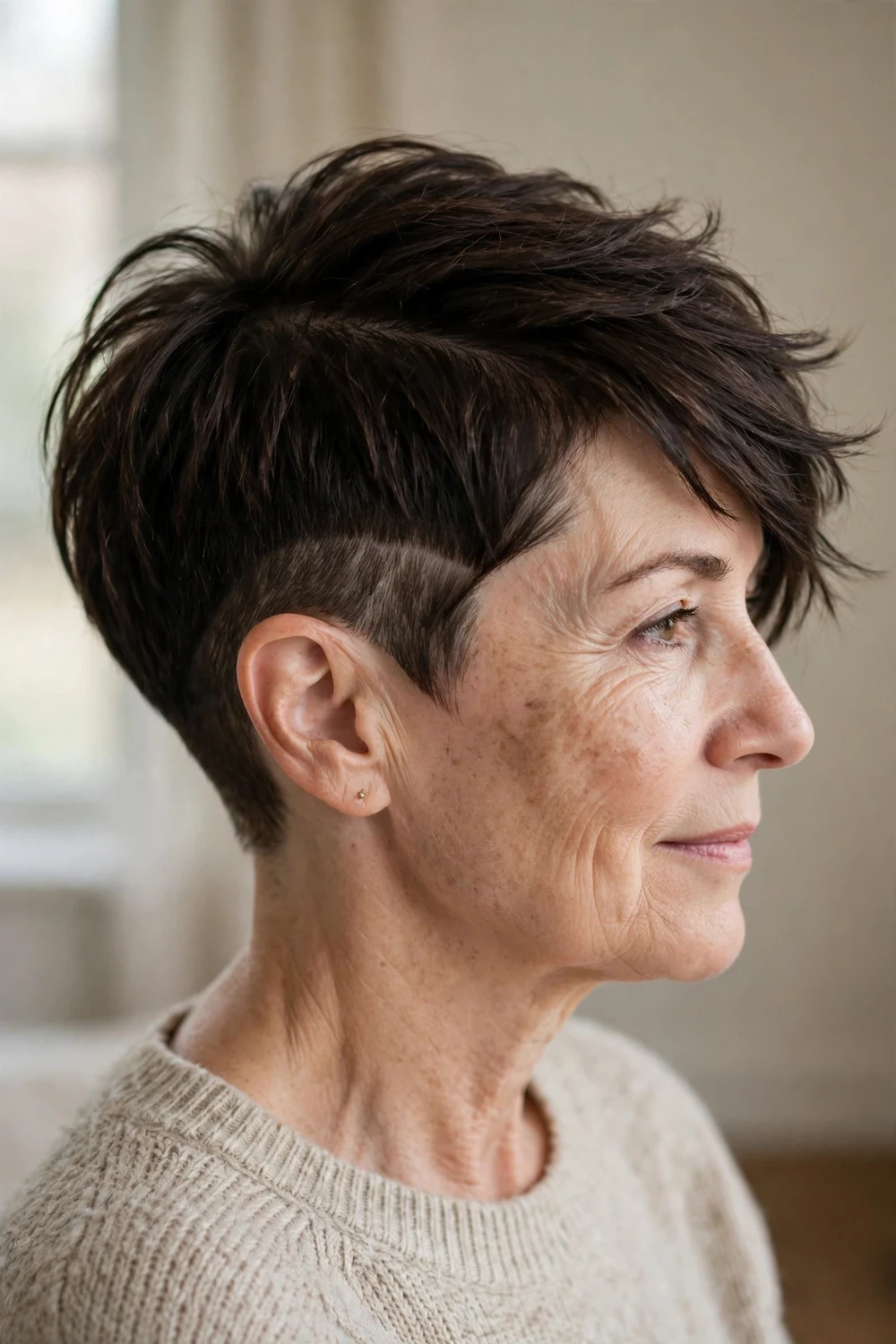 Woman over 50 with undercut asymmetrical pixie, closely clipped side under longer top