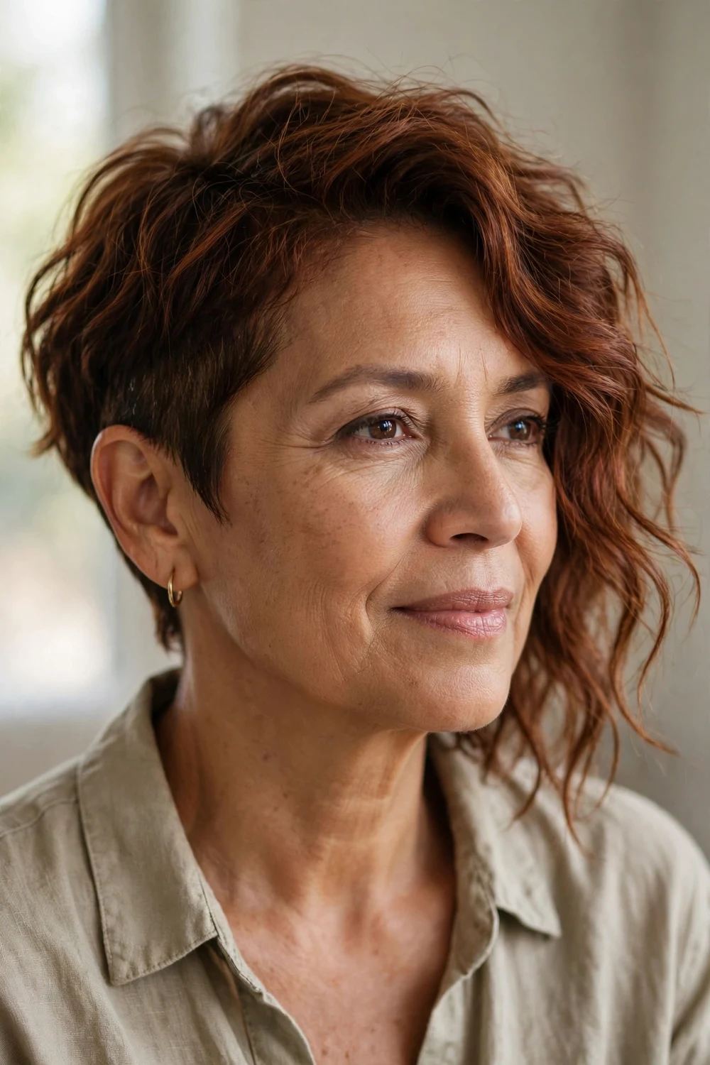 Mature woman with wavy asymmetrical pixie, tousled natural waves with uneven lengths