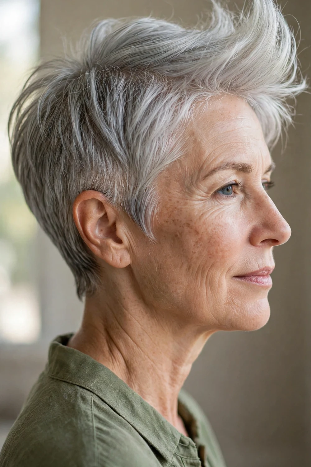 Side view of an asymmetrical pixie on a woman over 50 with thin silver hair