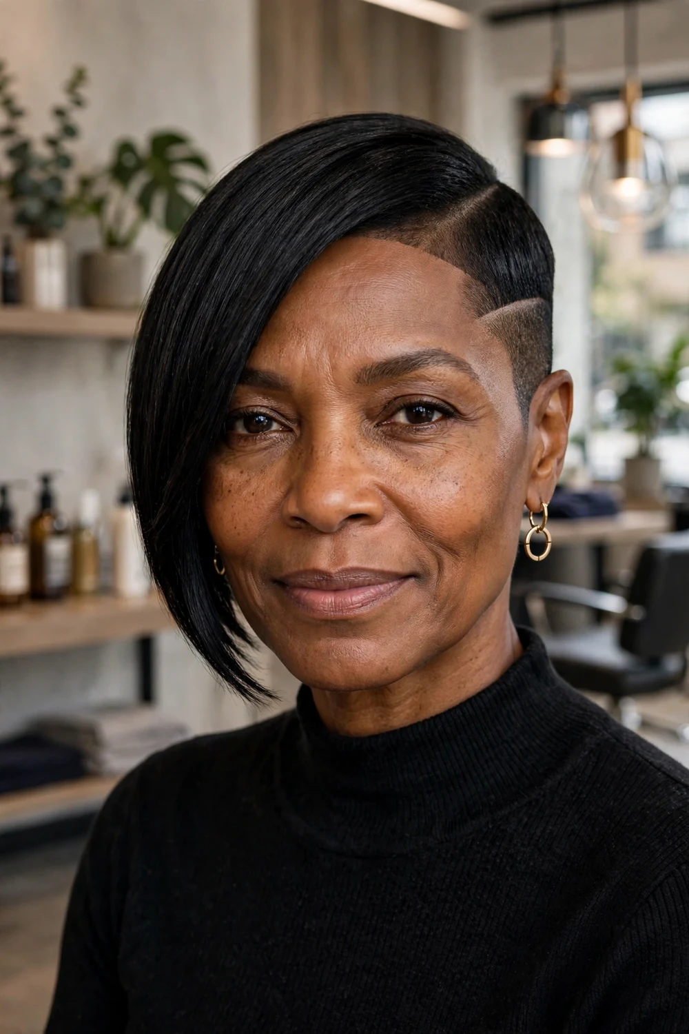 Older Black woman with an asymmetrical precision short cut