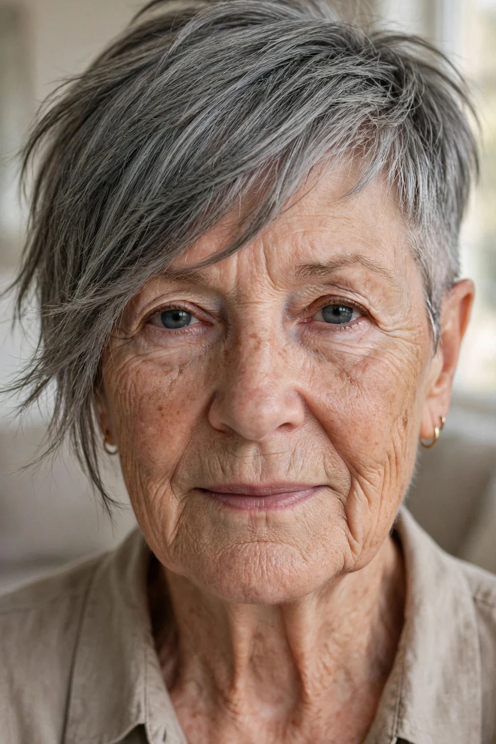 Asymmetrical steel-grey pixie with wispy fringe