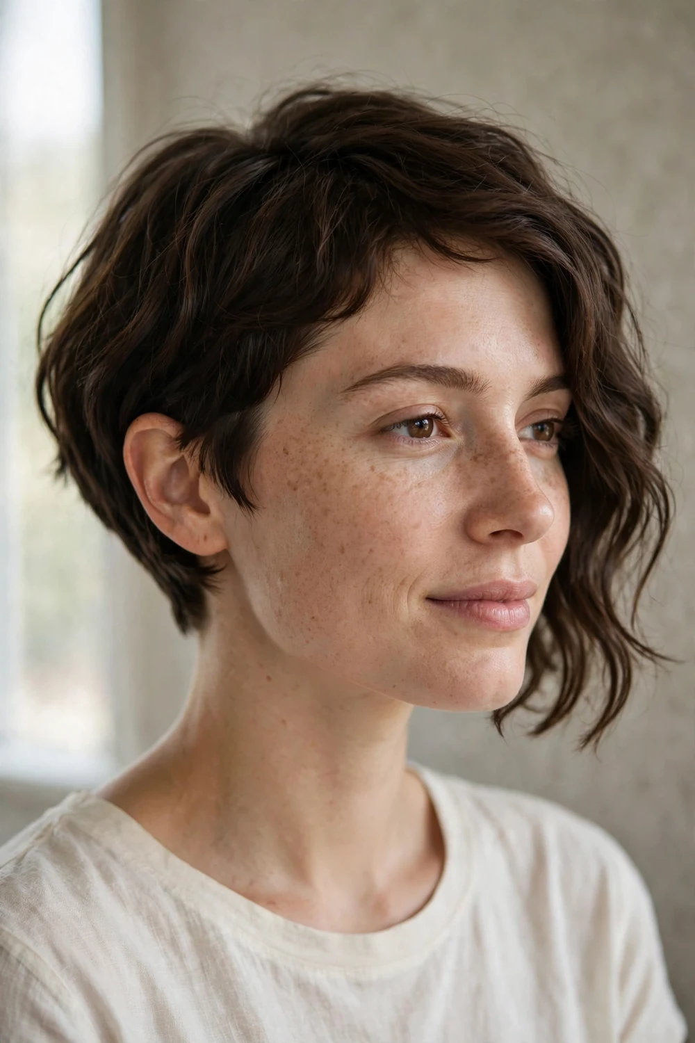 Woman with an asymmetrical wavy bob haircut