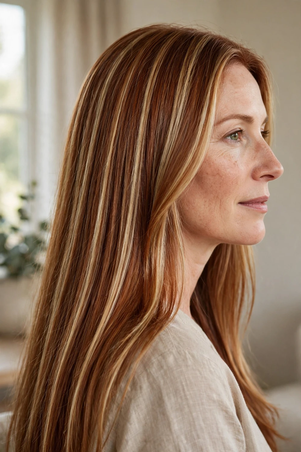 Long straight auburn hair with blonde balayage strands woven through