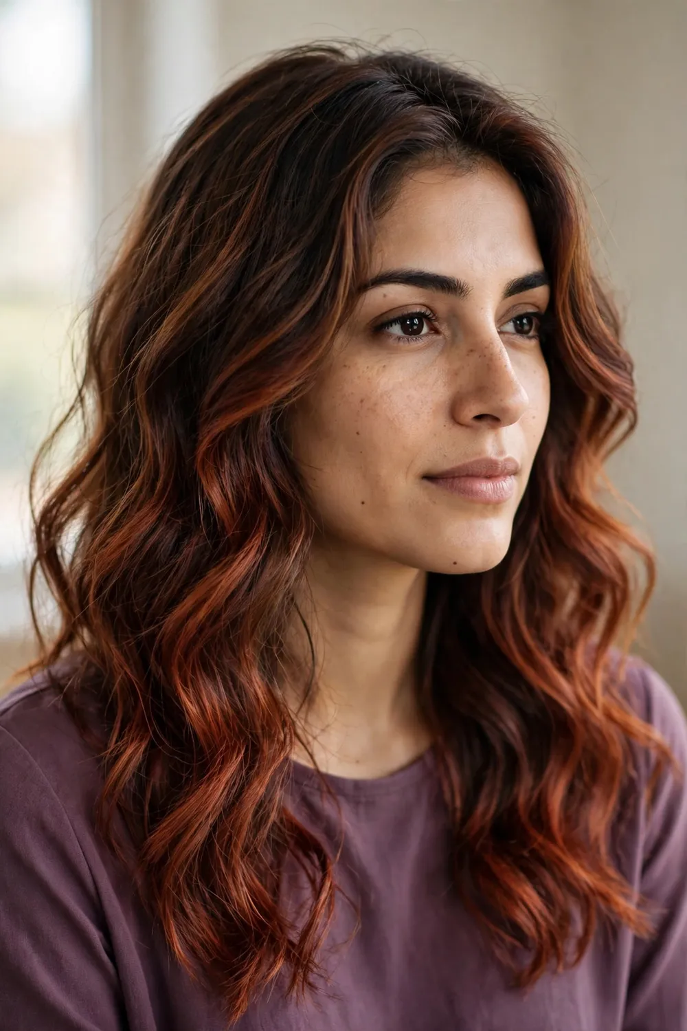 Dimensional blend of chestnut brown and auburn tones in wavy hair