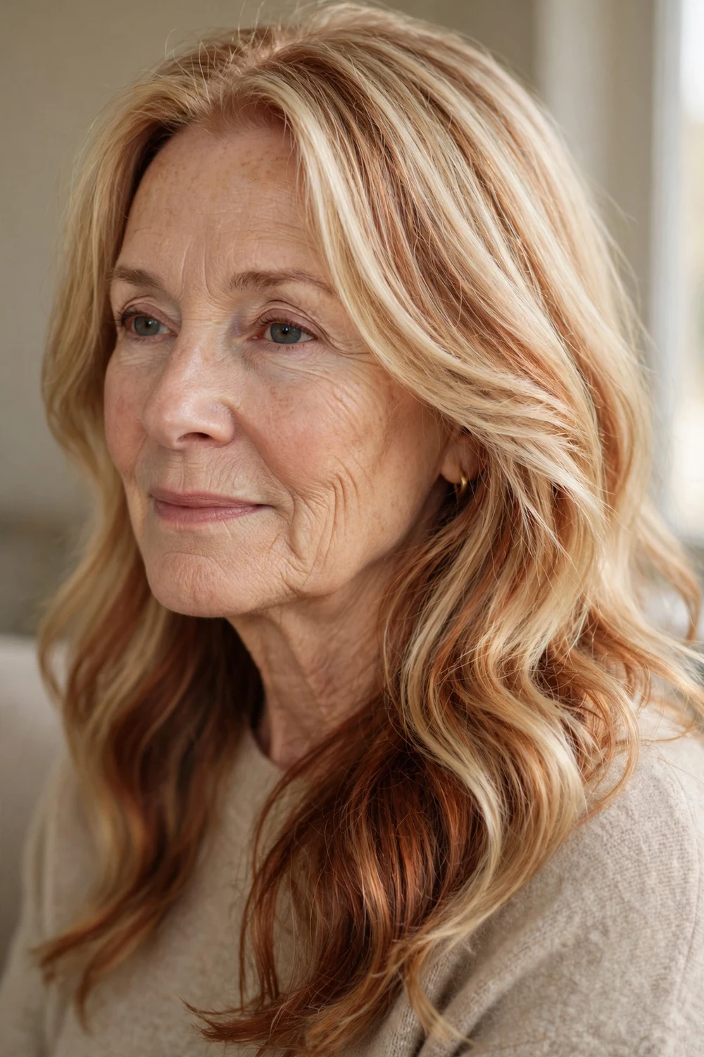 Blonde long hair with deep auburn-copper lowlights shadowed through