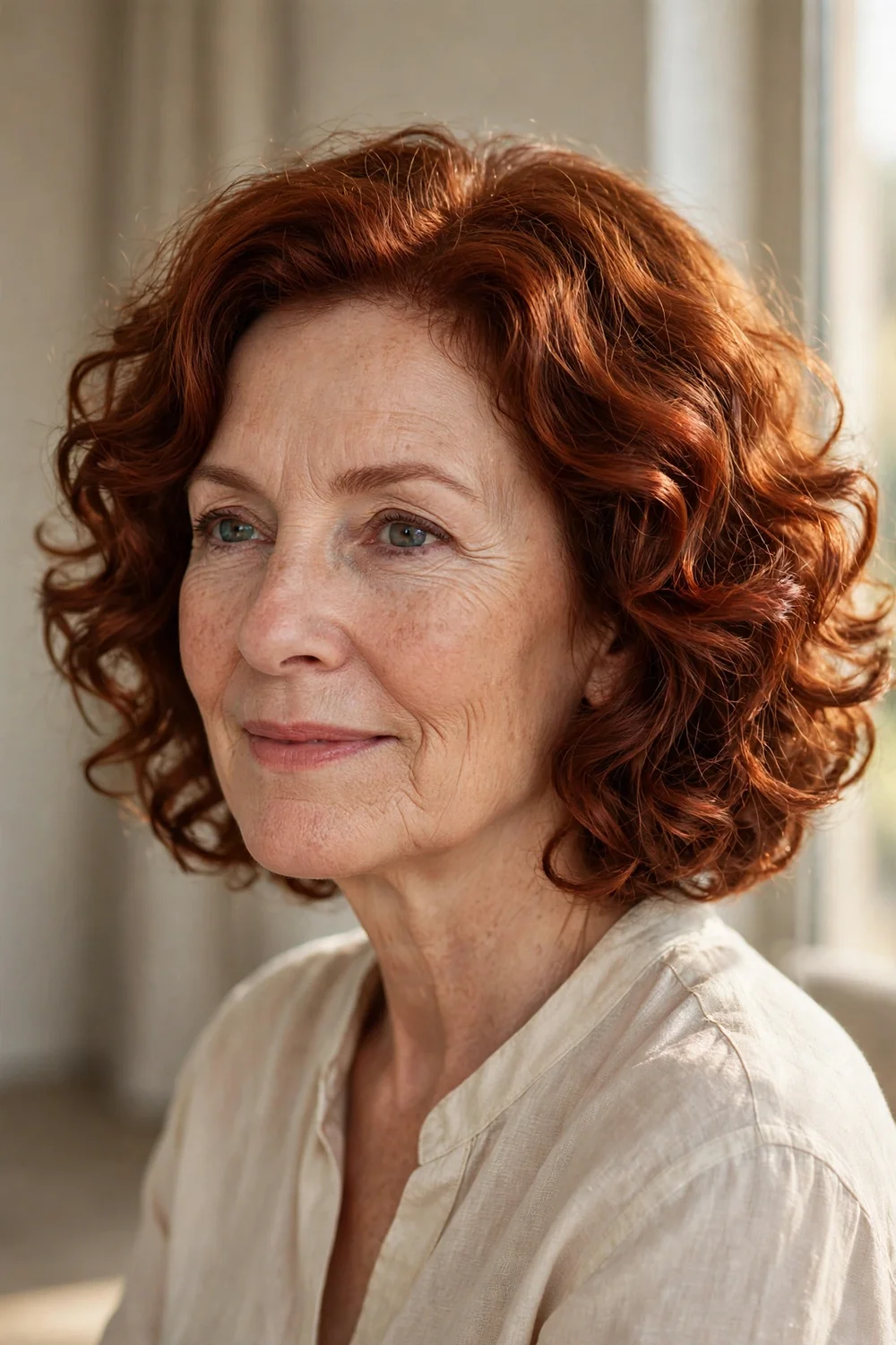Older woman with warm auburn curly hair