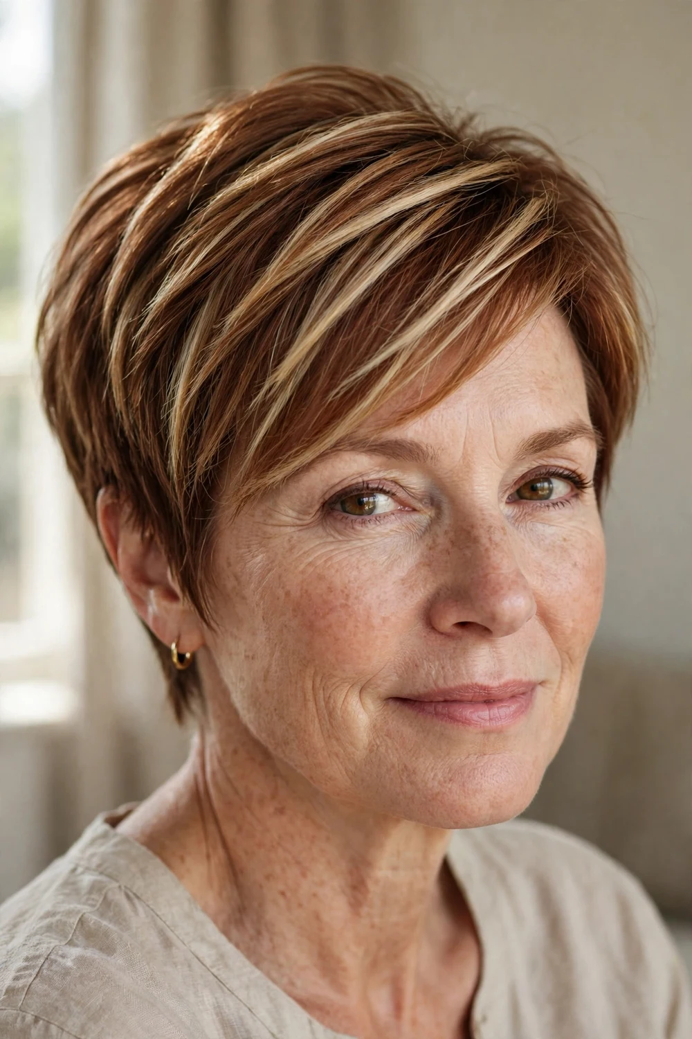 Auburn pixie with blonde highlights in swept-over sections