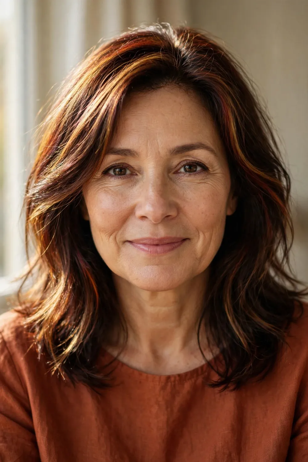 Dark chestnut hair with subtle autumn red and gold highlights