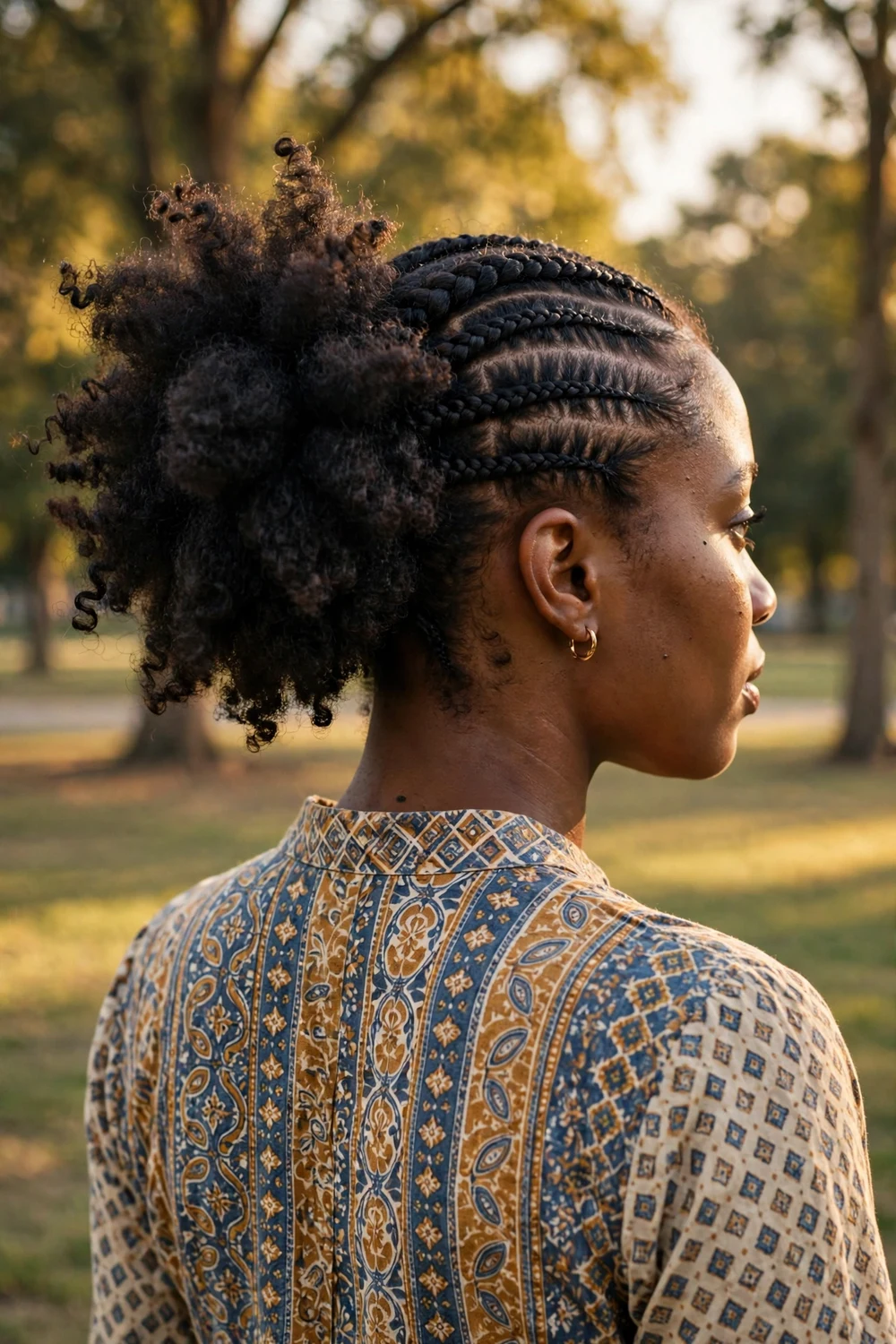 Bantu knot-out in back with cornrows in front on 4C awkward length hair