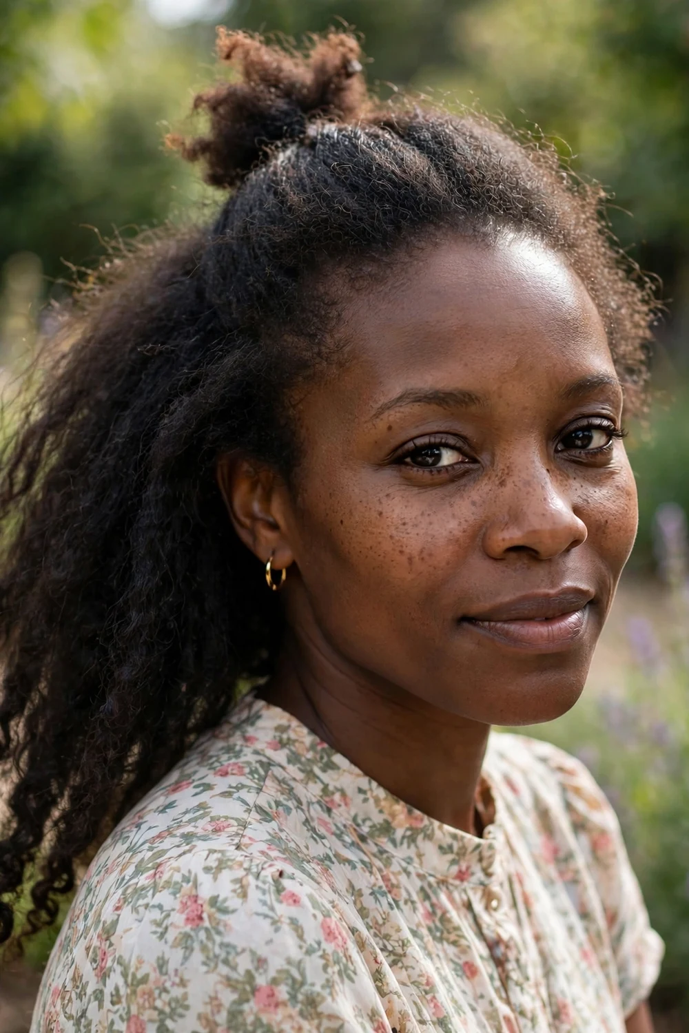 Half-up puff with loose stretched back section on 4C awkward length hair