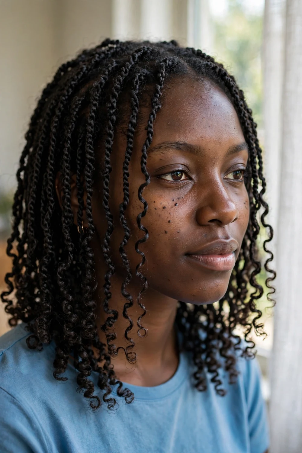 Mini twists with free curly ends on 4C natural hair at awkward length