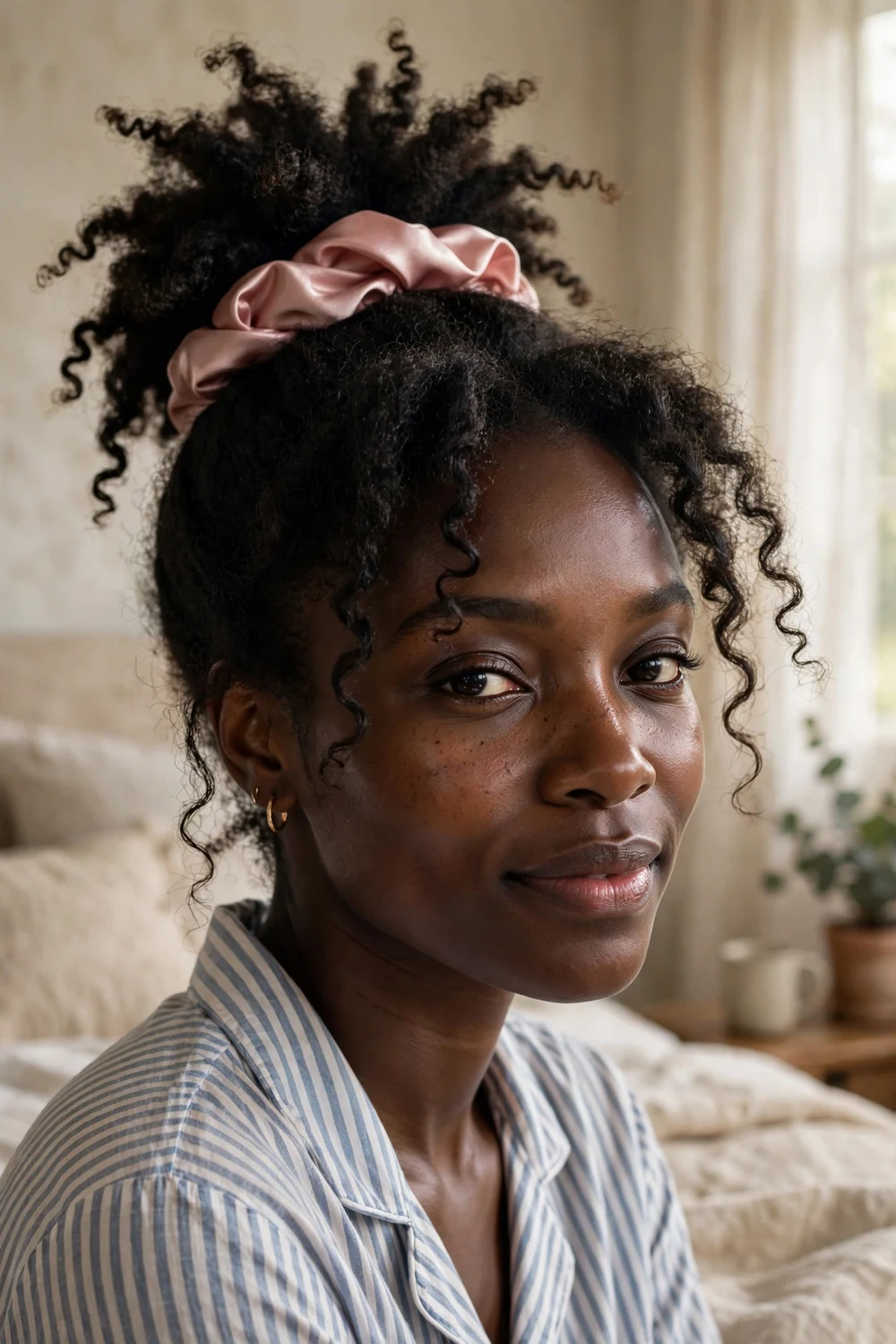 Pineapple updo with hair gathered loosely at the top on 4C natural hair