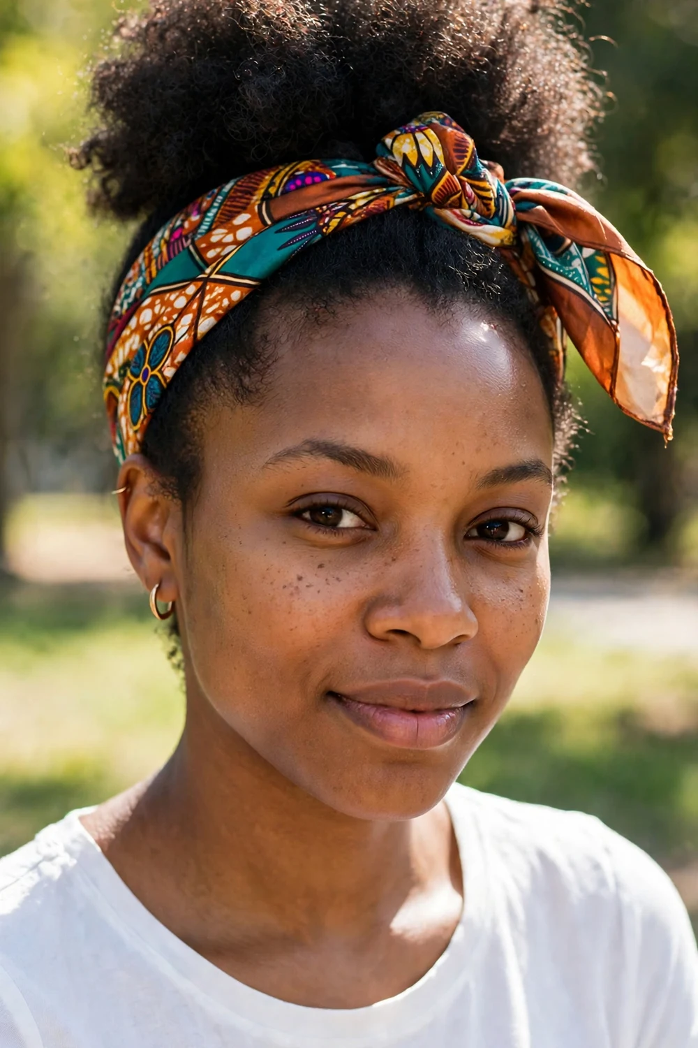 Puff wrapped with a colorful silk scarf on 4C natural hair at awkward length