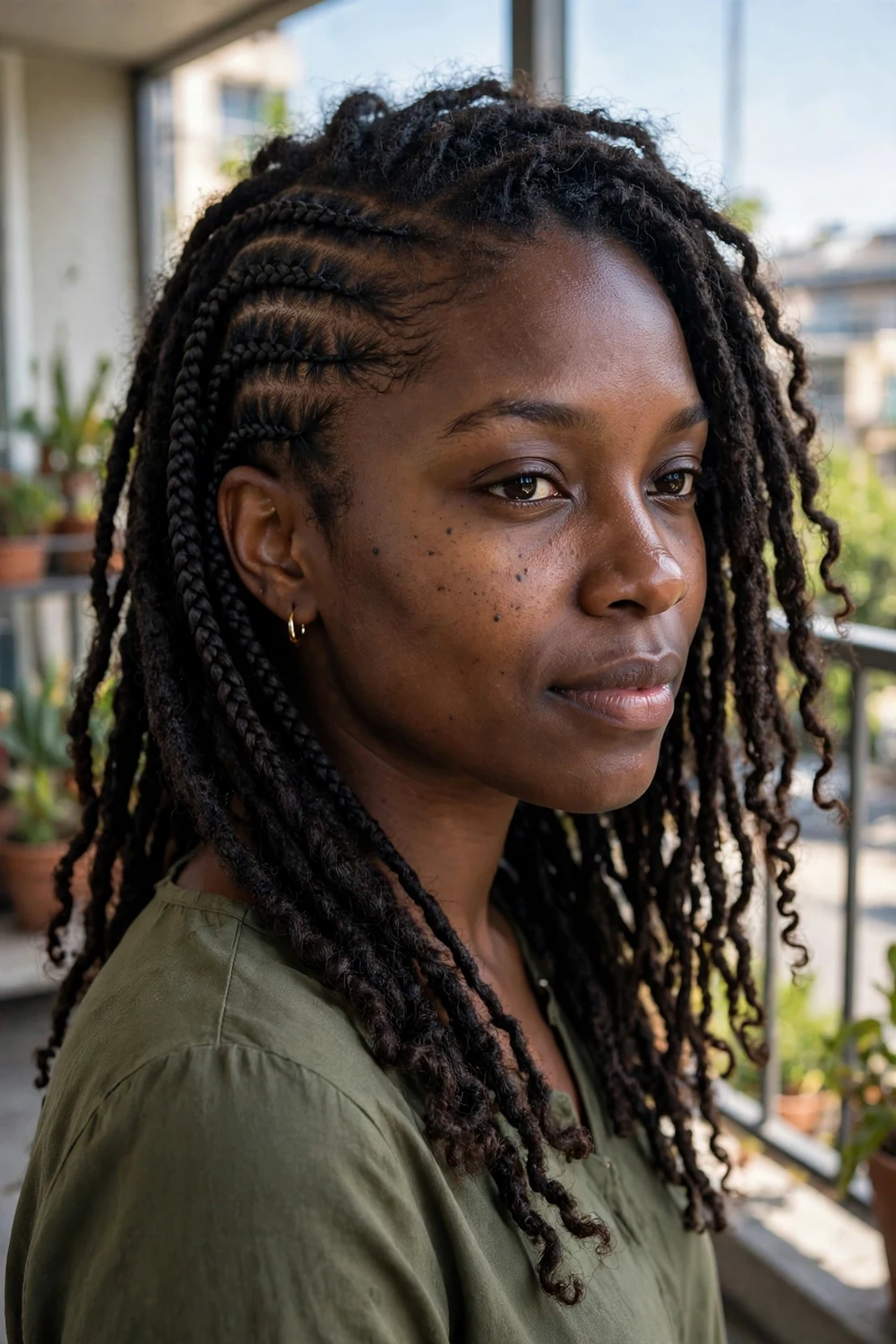 Side cornrows combined with loose twists on 4C awkward length hair