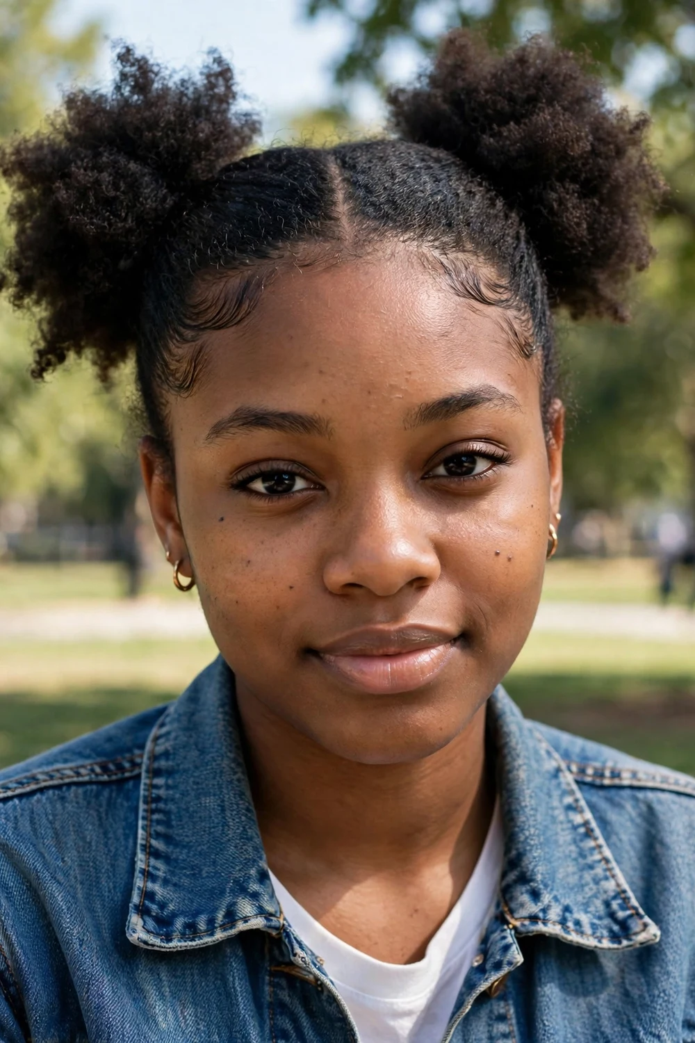 Two high space puffs on 4C natural hair at short awkward length