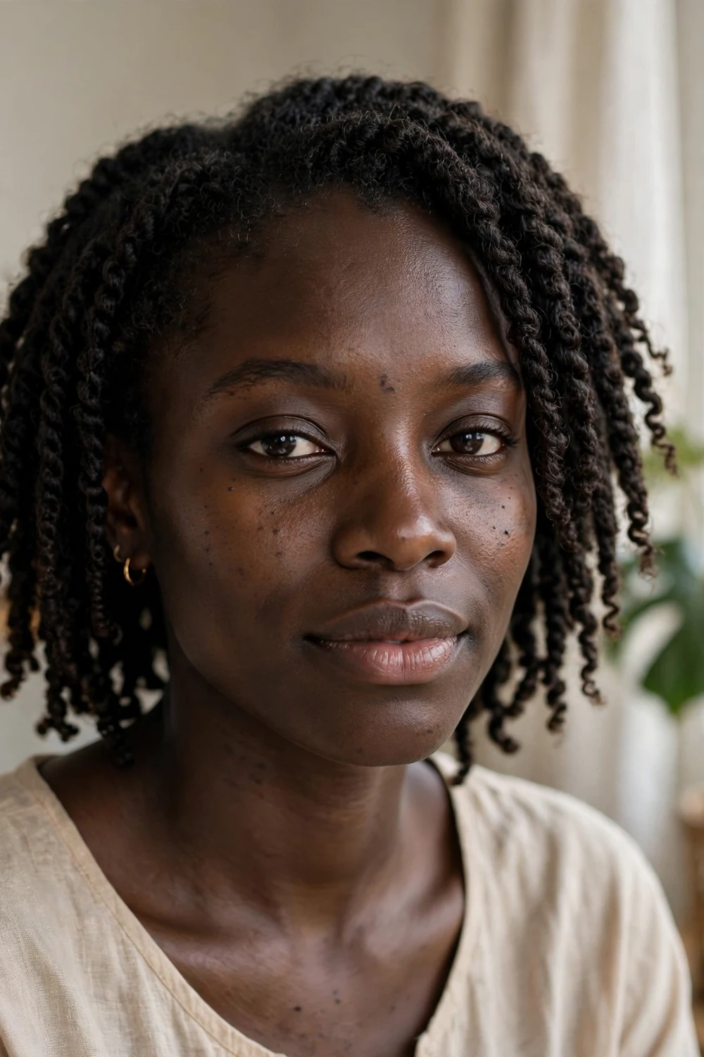Woman with medium two-strand twists on 4C natural hair at awkward growing-out length