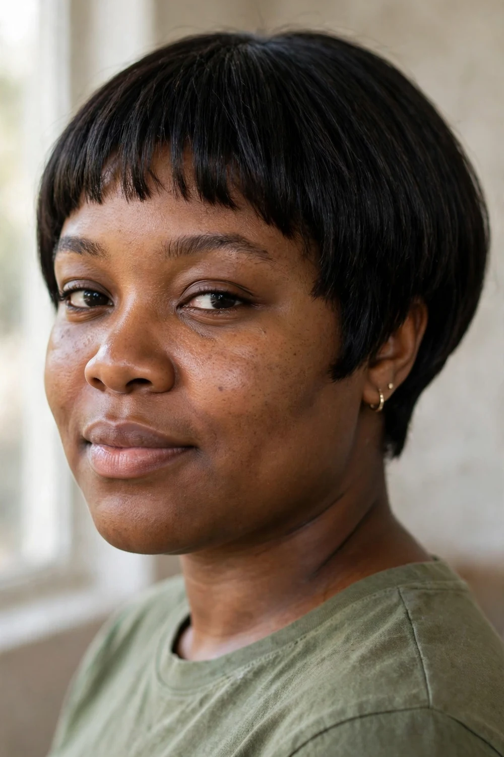 Woman with round face wearing an ear-level micro bob with short baby bangs