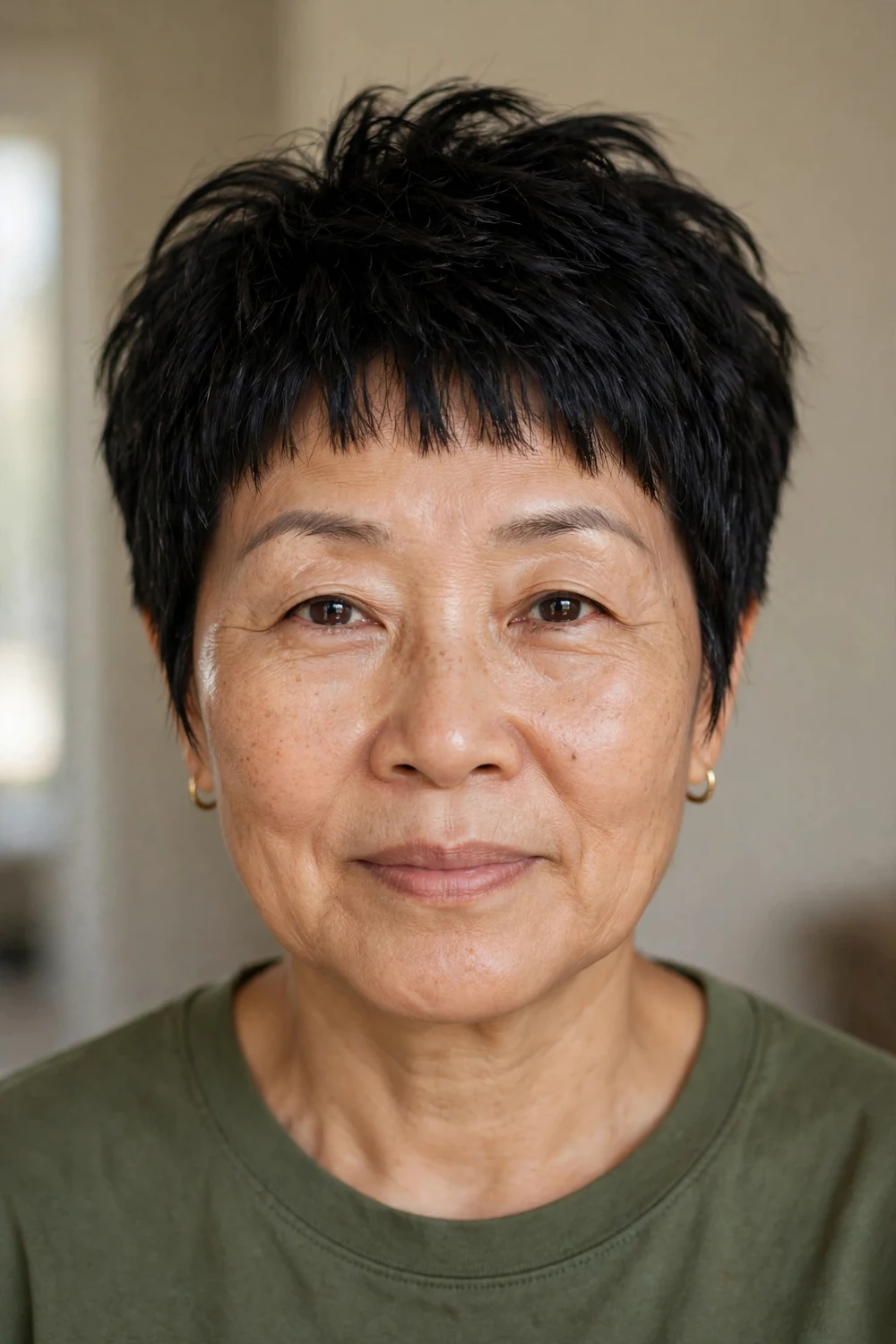 Front view of a pixie with baby bangs on a woman over 50 with thin black hair