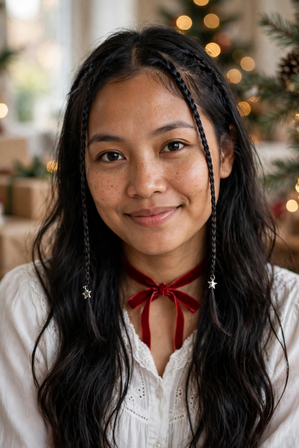 Woman with tiny face-framing baby braids at the front
