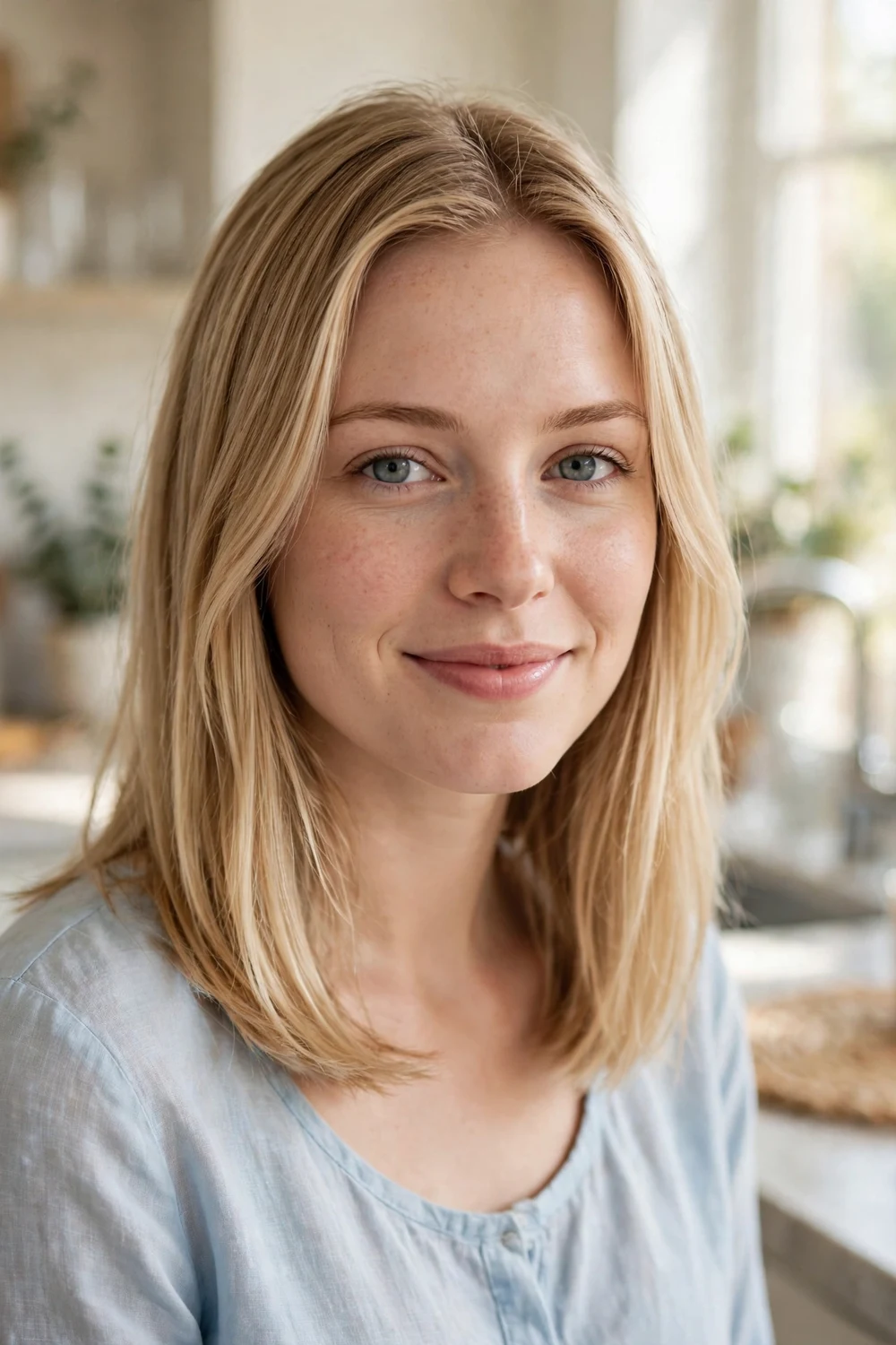 Caucasian woman in her mid 20s with fine straight shoulder-length dirty blonde hair and subtle natural-looking babylights