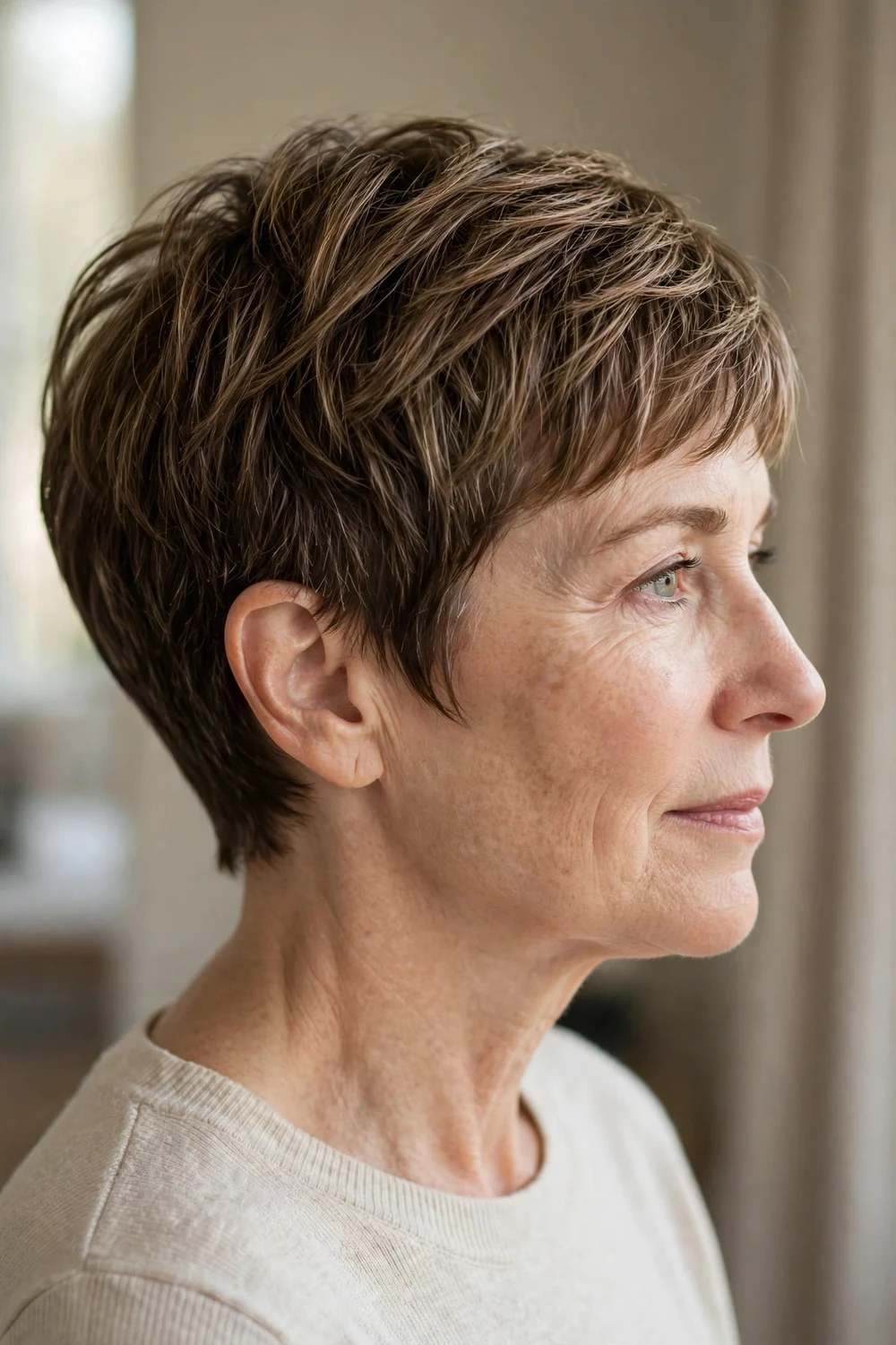 Side view of a pixie with babylights on a woman over 50 with thin highlighted hair