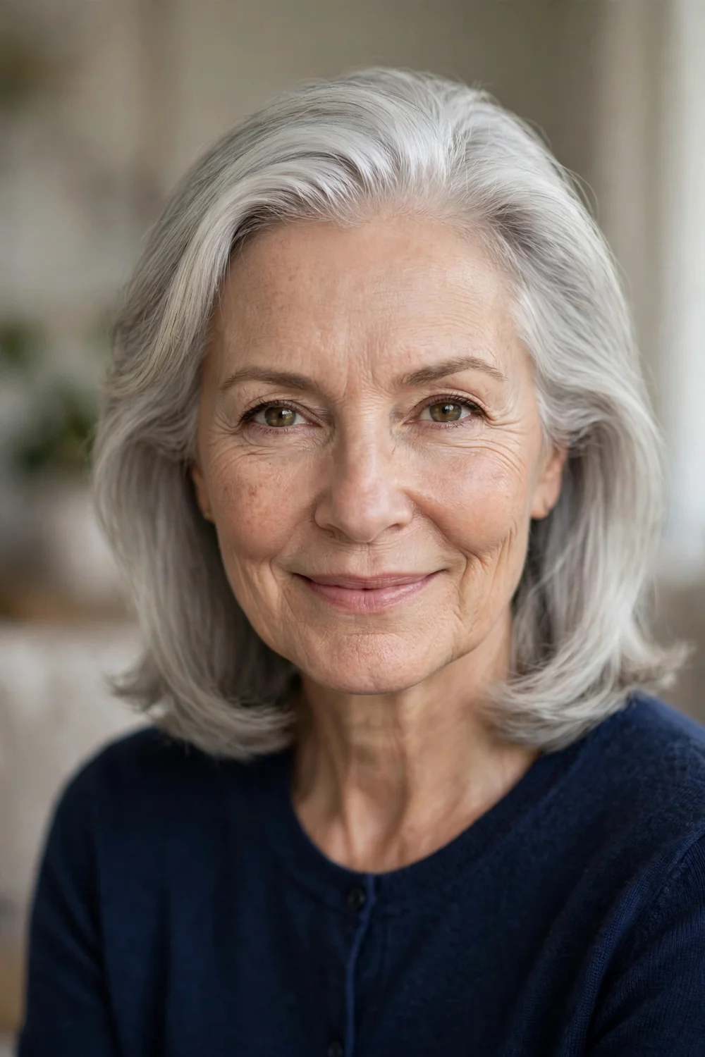 69-year-old Asian woman with black sleek backbrushed lob hairstyle