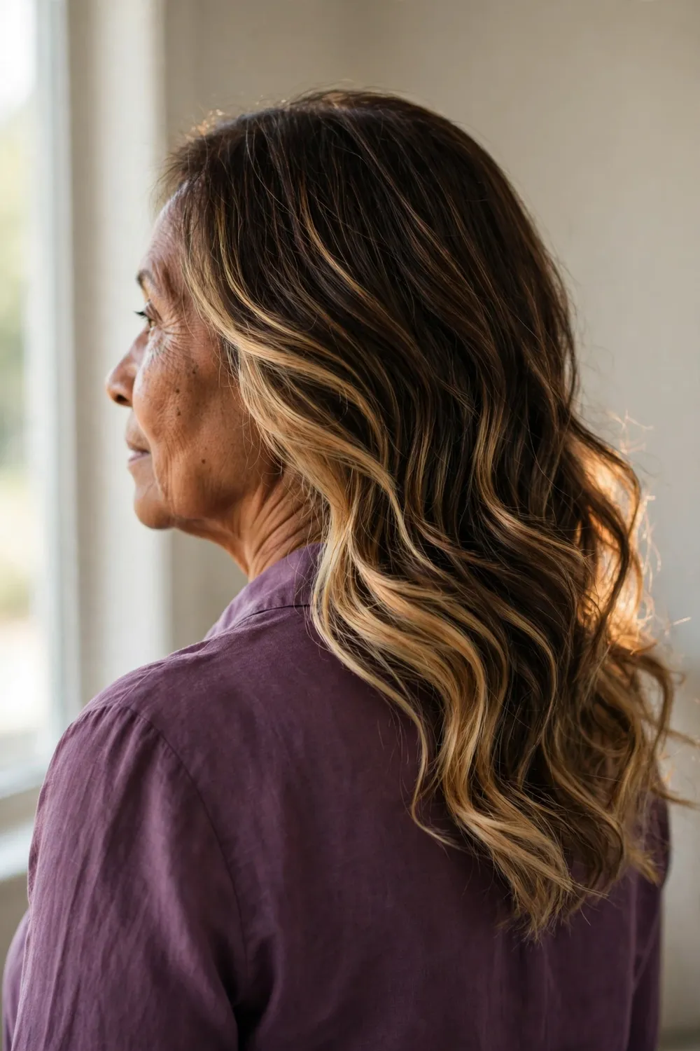 Honey blonde balayage brightness placed on the back and underside sections of dark hair