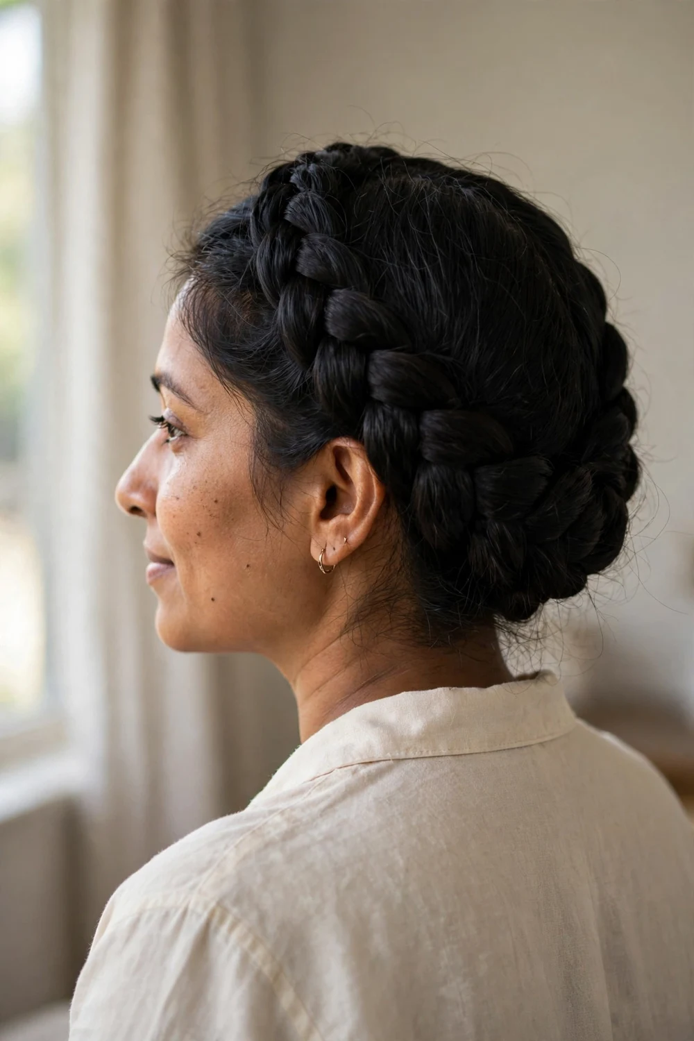 Woman with a thick braided crown wrapped around her head