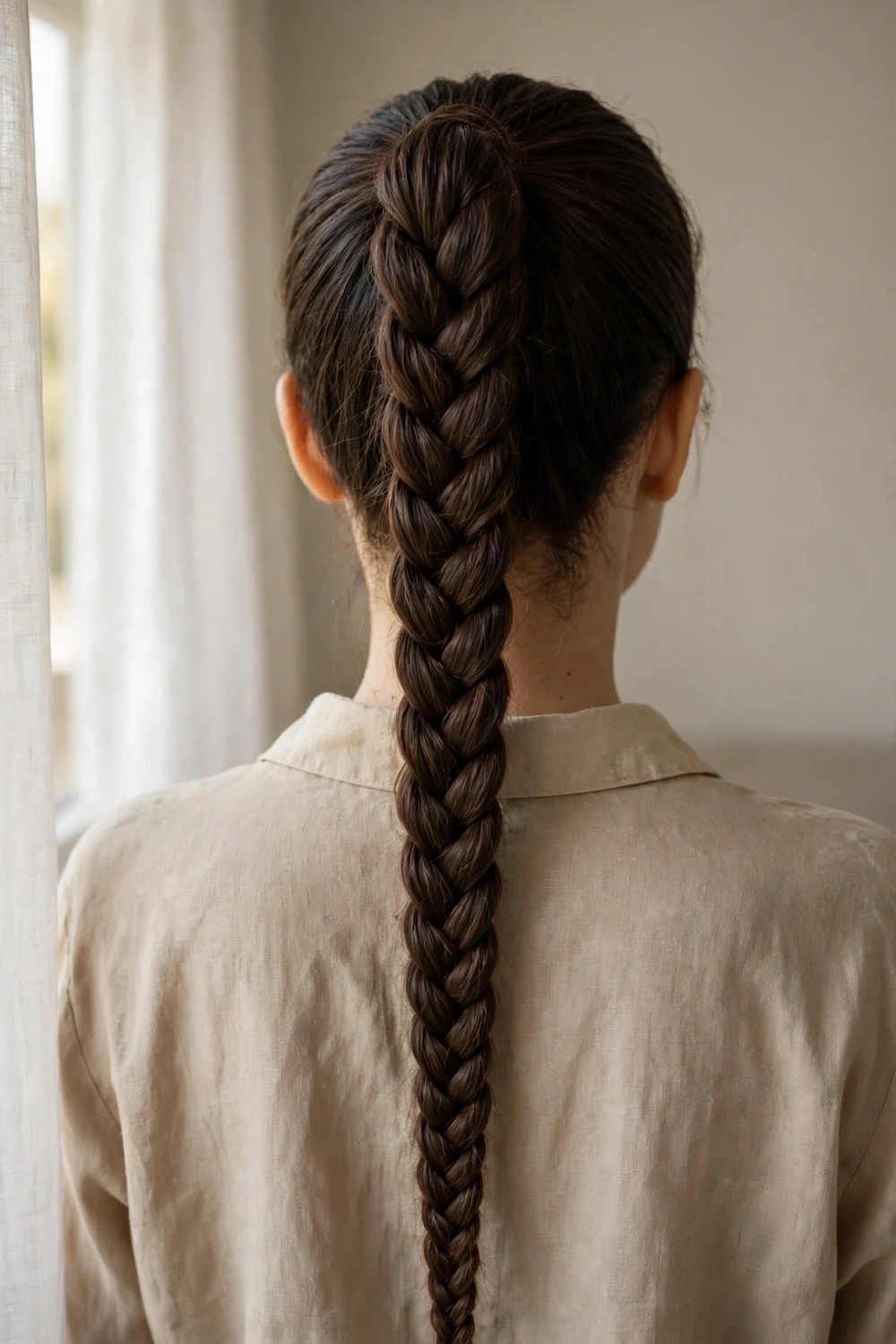 Woman with a long braided ponytail