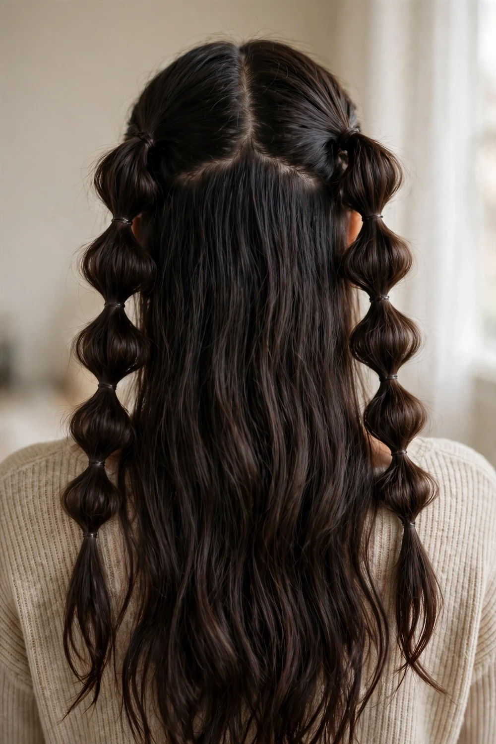Woman with two bubble braids on the sides and the rest of her hair down