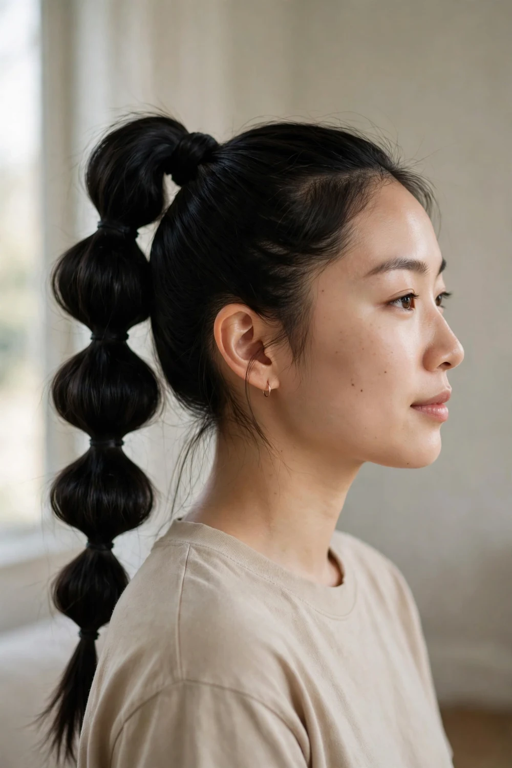 Woman with a high bubble ponytail with even spaced bubbles