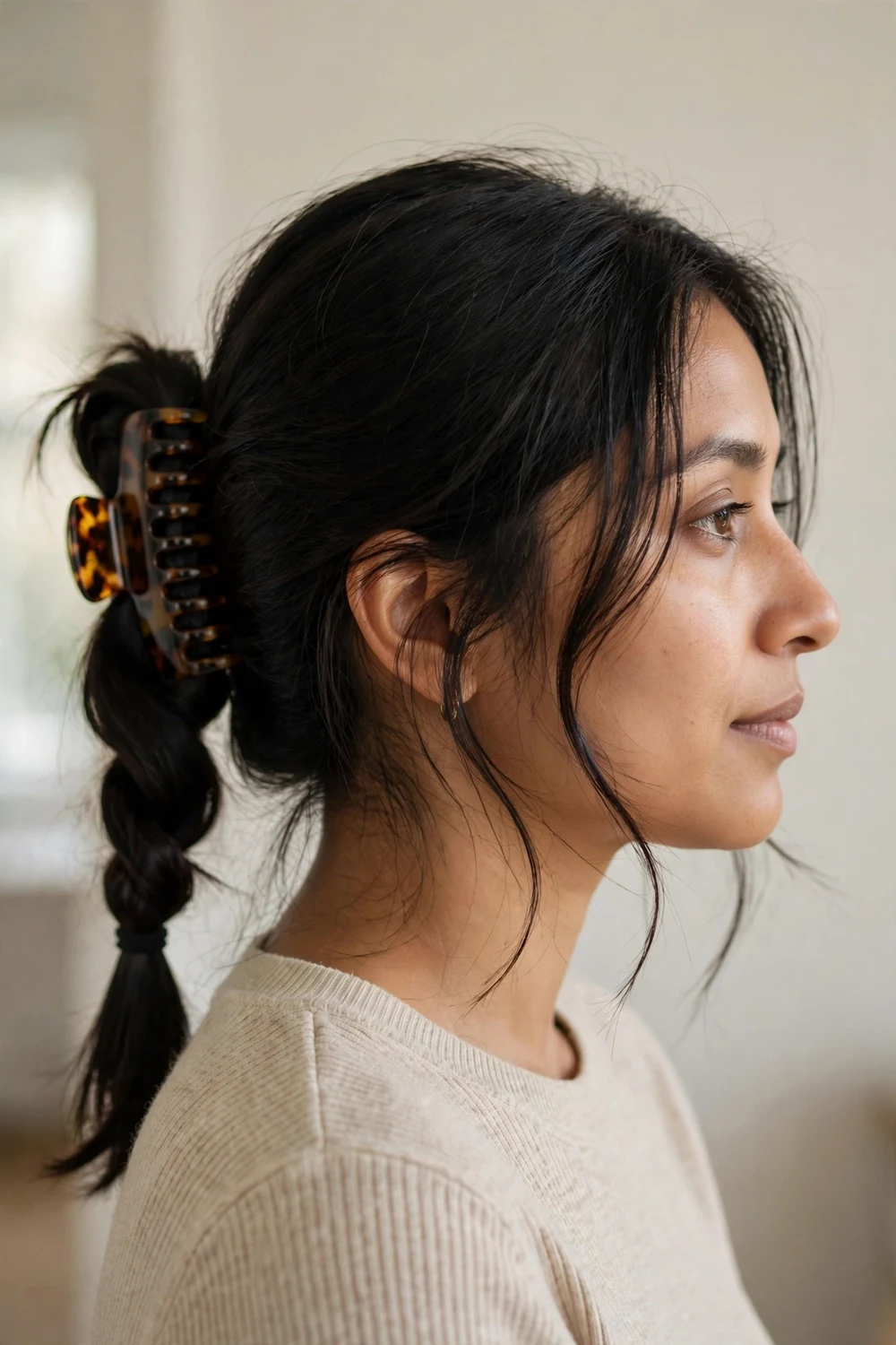 Woman with a claw clip ponytail and wispy face-framing pieces