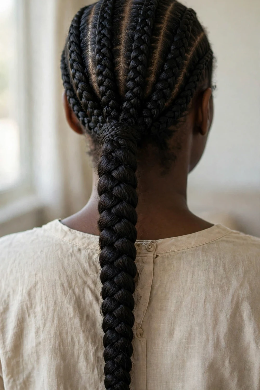 Woman with cornrows braided back into a high ponytail