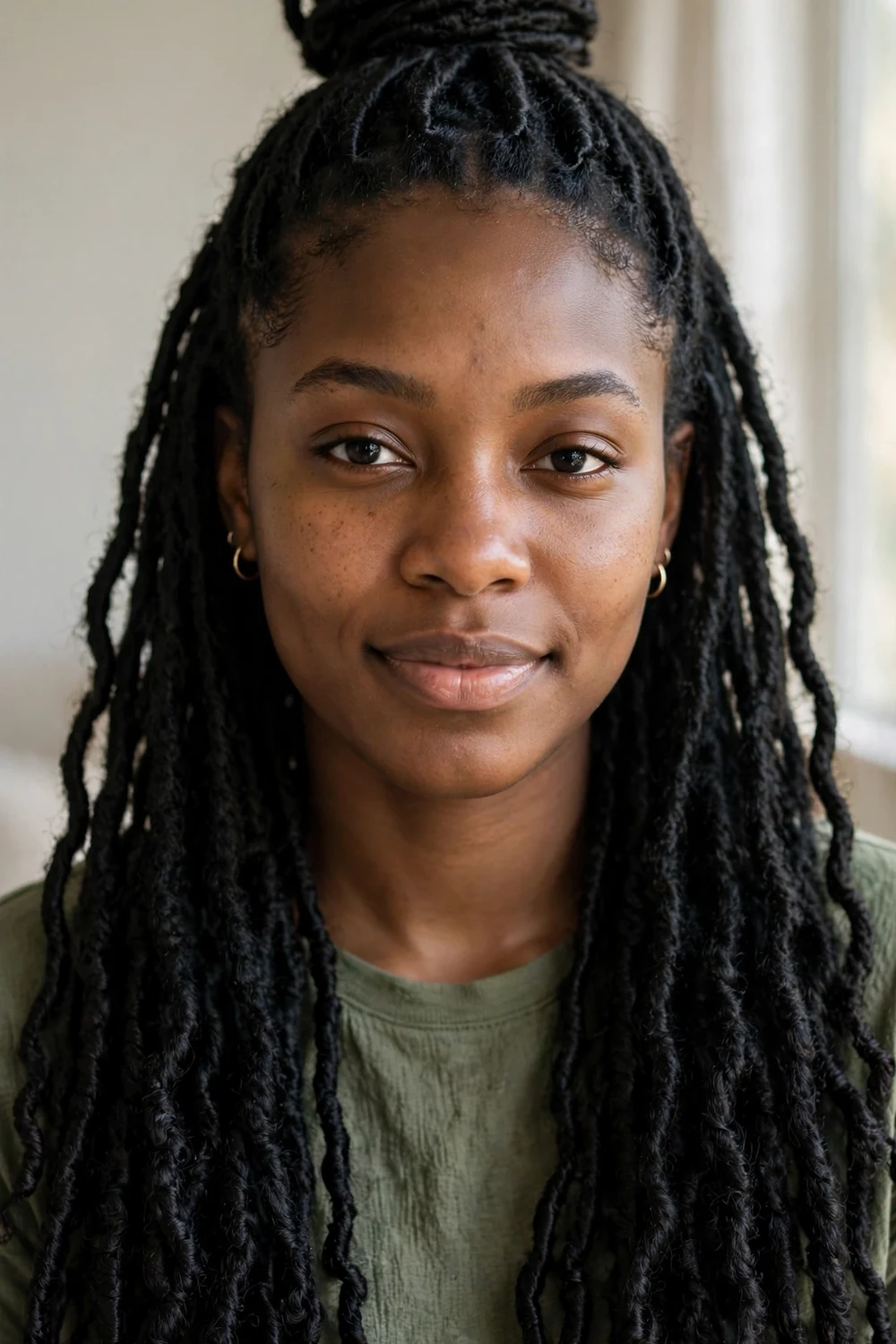 Woman with long faux locs styled half up