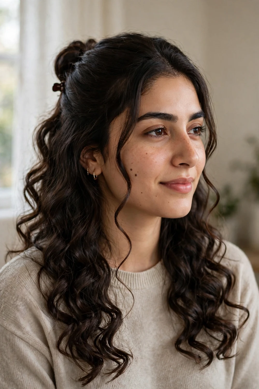 Woman with half-up half-down hair and loose curls