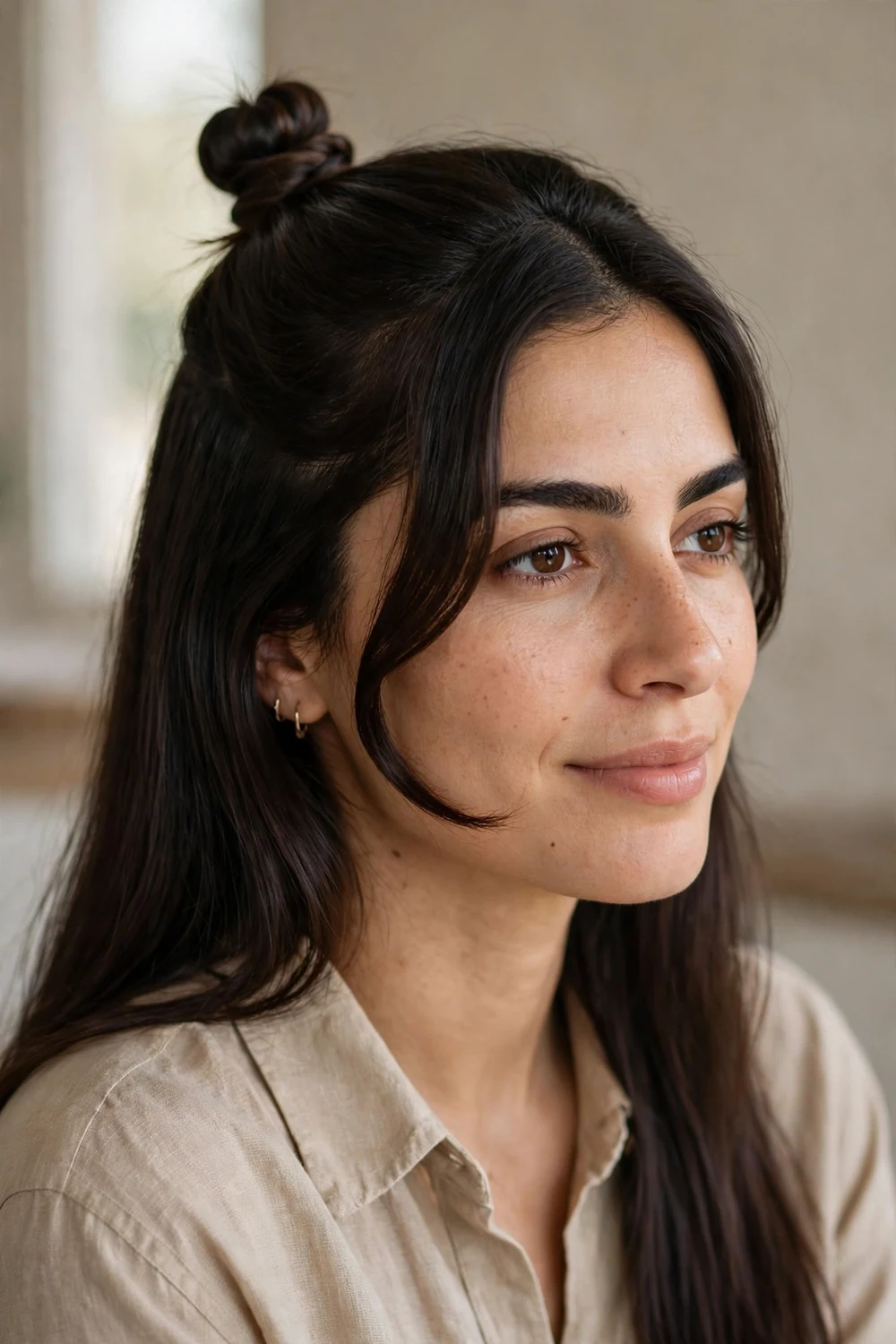 Woman with a half-up top knot bun and smooth hair down