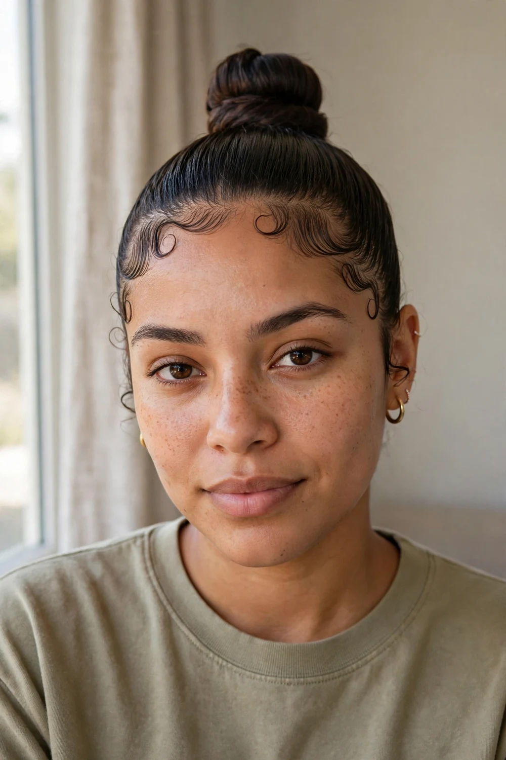 Woman with a high sleek bun and styled baby hairs