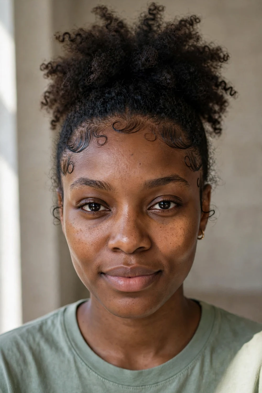 Woman with a high curly puff and styled edges