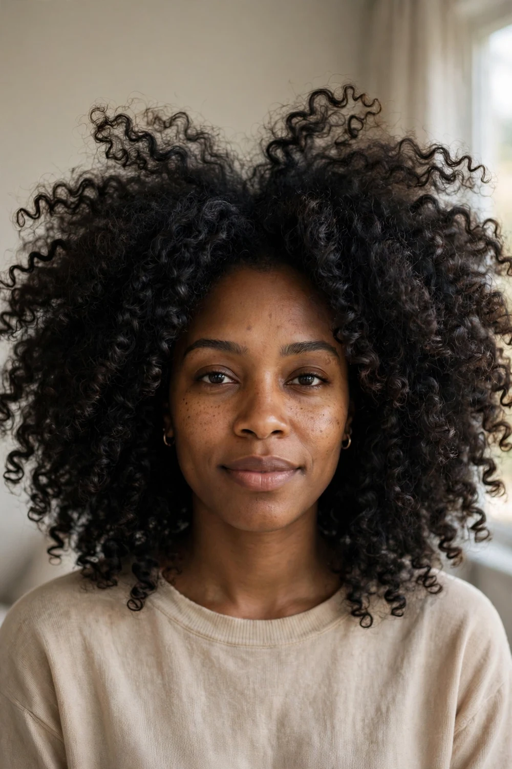 Woman with big voluminous bouncy curls