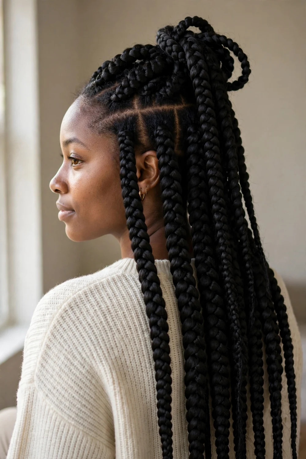Woman with long jumbo box braids styled half up