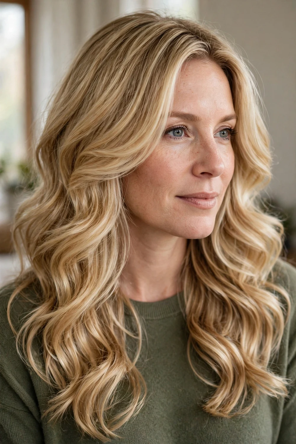 Woman with long layered hair styled in soft bouncy waves